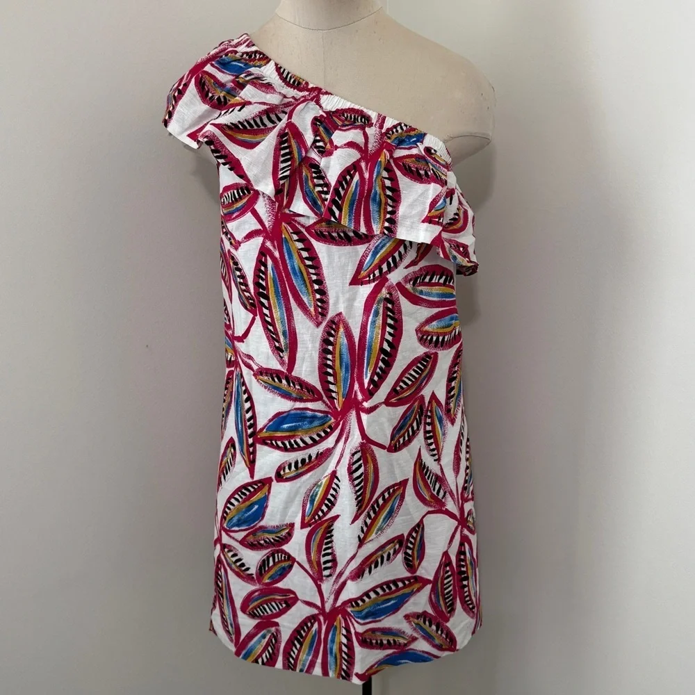 J Crew XS One Shoulder Ruffled Linen Mini Dress ~ Tropical Vacation Resort Beach